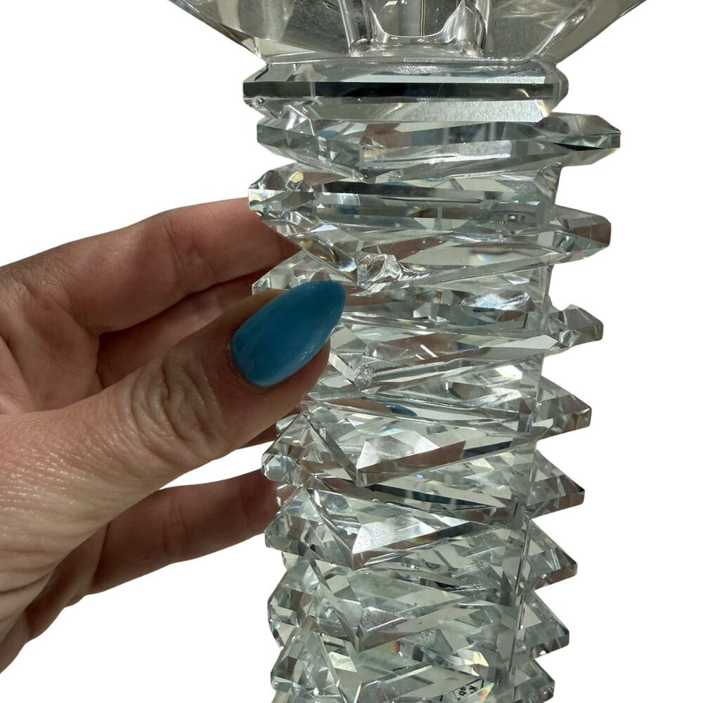Clear Crystal Glass Stacked Faceted Tall Candle Holders Pair 8 Inch Votive Heavy - Picture 6 of 7